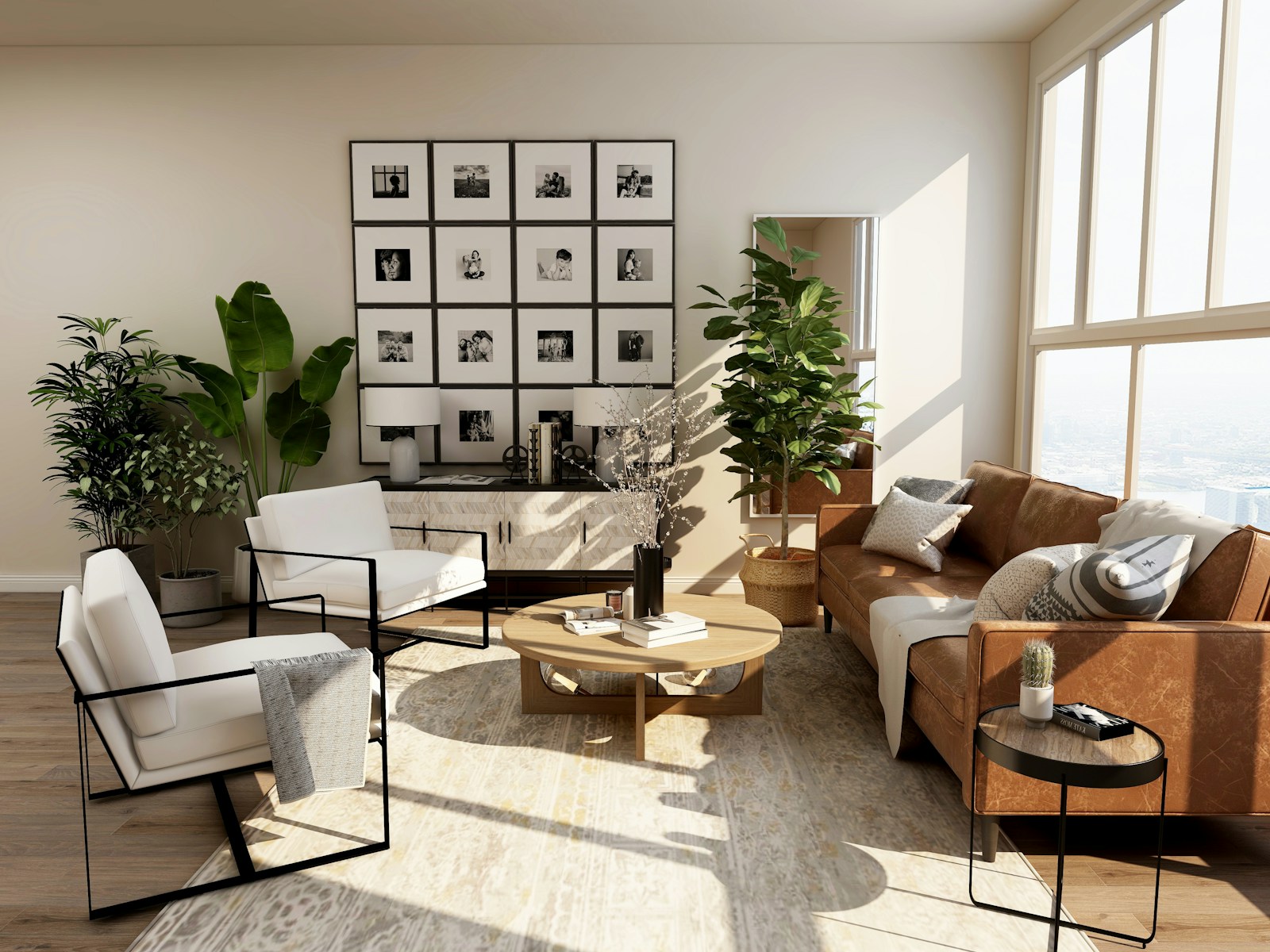 Sunlit living space with warm neutral furnishings and natural wood accents